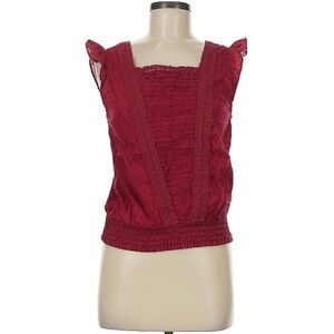 Lucky Brand Square Neck Mixed Media Ruffle Smocked Embroidered Blouse Top Red